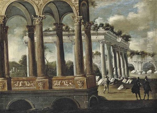 An Architectural Capriccio With Elegant Figures Conversing Oil Painting by Francois de Nome