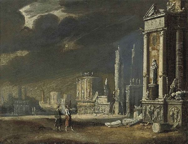 An Architectural Capriccio With Tobias And The Archangel Raphael Oil Painting by Francois de Nome