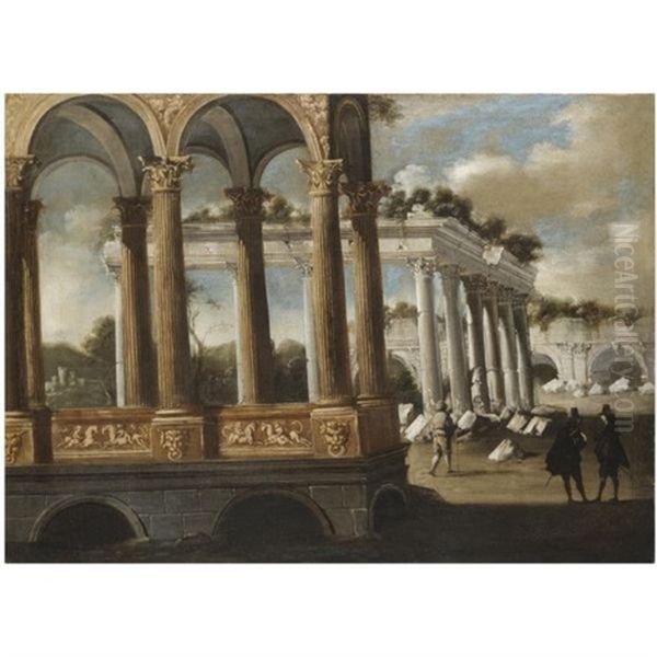 An Architectural Capriccio With Figures Amongst Classical Ruins Oil Painting by Francois de Nome