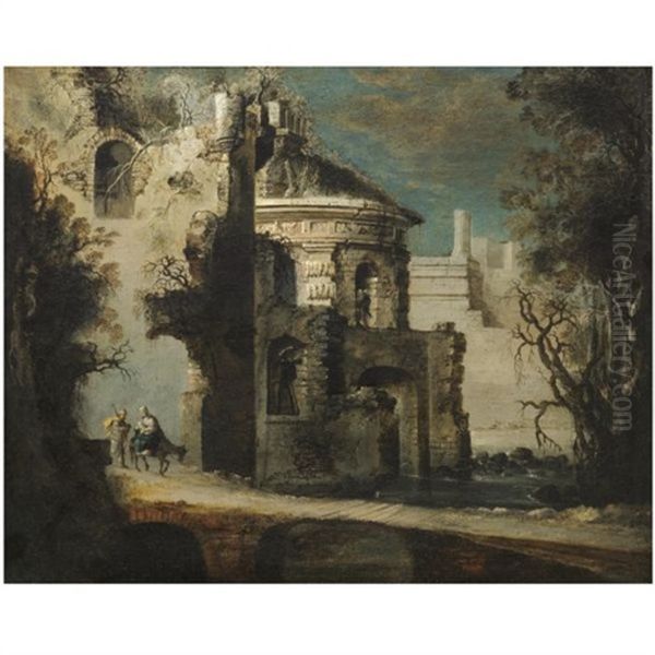 An Architectural Capriccio Of Roman Ruins With The Flight Into Egypt Oil Painting by Francois de Nome