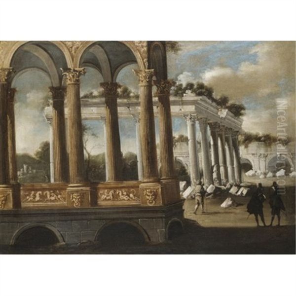 An Architectural Capriccio With Figures Amongst Classical Ruins Oil Painting by Francois de Nome