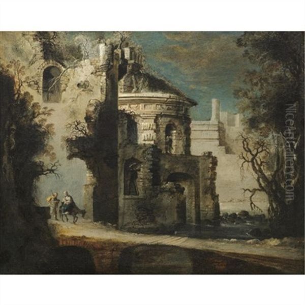 An Architectural Capriccio Of Roman Ruins With The Flight Into Egypt Oil Painting by Francois de Nome