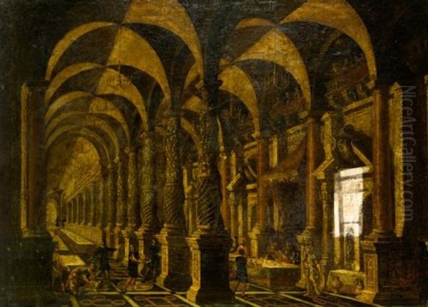 Belshazzar's Feast Within An Architectural Capriccio Oil Painting by Francois de Nome