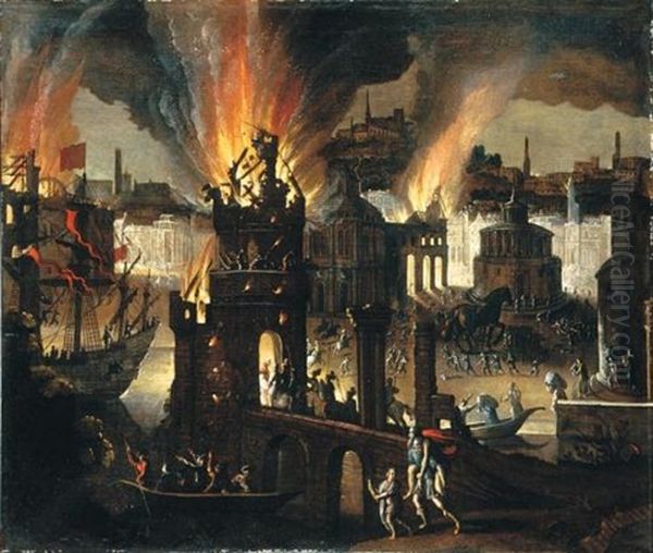 Ulisse Porta In Salvo Il Padre Anchise Ed Il Figlio Telemaco Da Troia In Fiamme Oil Painting by Francois de Nome