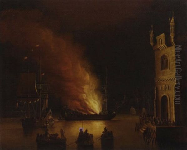 A Ship On Fire In A Harbour By Night Oil Painting by Francois de Nome