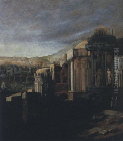 Capriccio Di Architetture Fantastiche Antiche Presso Una Citta Portuale, Con Vascelli Alla Rada Oil Painting by Francois de Nome