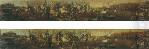 Sea Battle Scenes Oil Painting by Francois de Nome