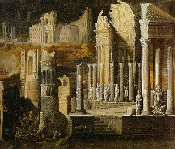 A Capriccio Of A Ruined Temple With A Colosseum Beyond Oil Painting by Francois de Nome