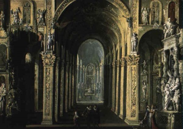 Interior Of A Church With Figures Oil Painting by Francois de Nome