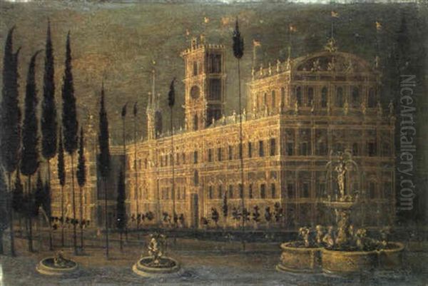 Veduta Di Palazzo Con Giardino E Fontana by Francois de Nome