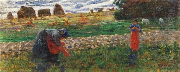 Paesaggio Con Figure - Le Ortolane Oil Painting by Plinio Nomellini