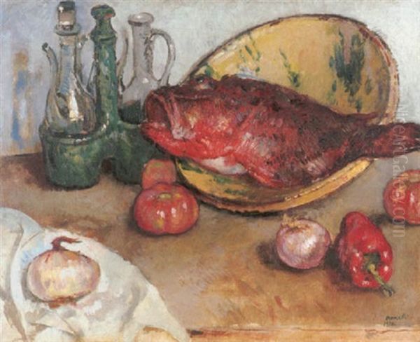 Stilleben Mit Fisch, Zwiebeln Und Paprika Oil Painting by Isidro Nonell y Monturiol