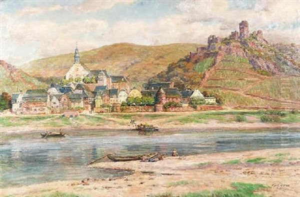 Beilstein An Der Mosel. Blick Uber Den Flus Auf Die Fahre An Einem Hellen Sommertag Oil Painting by Carl Nonn