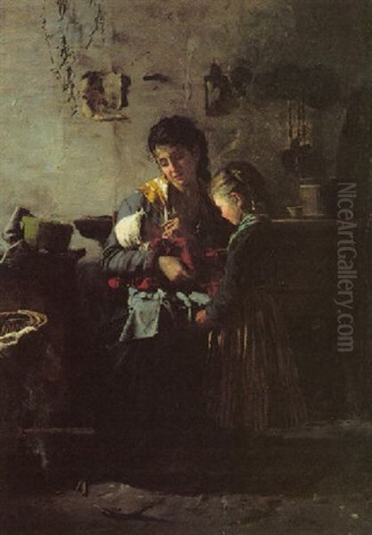 Mother With Her Baby And Child In An Interior by Luigi Nono