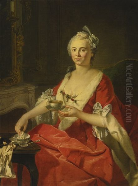 Portrait Of A Woman Taking Tea Oil Painting by Donat Nonotte