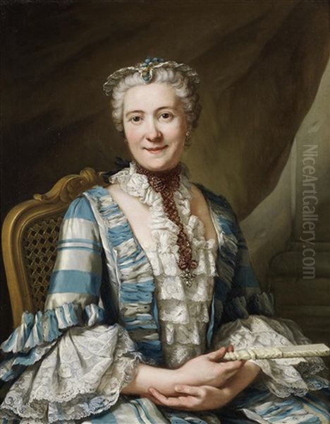 Portrait Of A Lady, Possibly Countess Brita Christina Tornflycht, Half-length, In A Blue And White Dress, Seated Oil Painting by Donat Nonotte