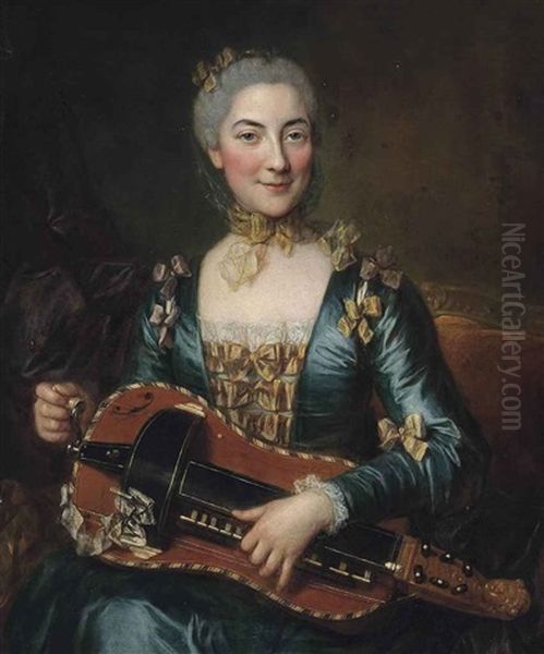 Portrait Of A Lady, Three-quarter-length, Seated In An Interior, In A Blue Dress With Gold Ribbons, Playing A Hurdy-gurdy Oil Painting by Donat Nonotte