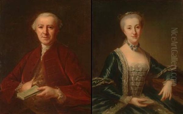 Portrait D'homme Au Livre (+ Portrait De Femme A La Broderie; Pair) Oil Painting by Donat Nonotte