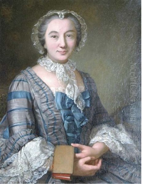 Portrait Of A Lady Seated In A Grey And Blue Dress And A Lace Bonnet, Holding A Book Oil Painting by Donat Nonotte