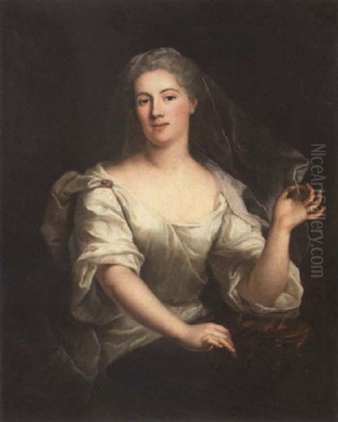 Portrait Of A Lady As Artemisia In A White Dress, Standing By A Table With The Ashes Of Mausolus by Donat Nonotte