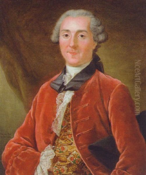 Portrait Of A Gentleman In A Burgundy Coat With An Embroidered Waistcoat And A Lace Cravat, Holding A Tricorn Oil Painting by Donat Nonotte