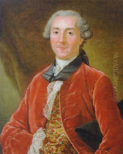 Portrait Of A Gentleman In A Burgundy Coat With An Embroidered Waistcoat And A Lace Cravat, Holding A Tricorn Oil Painting by Donat Nonotte