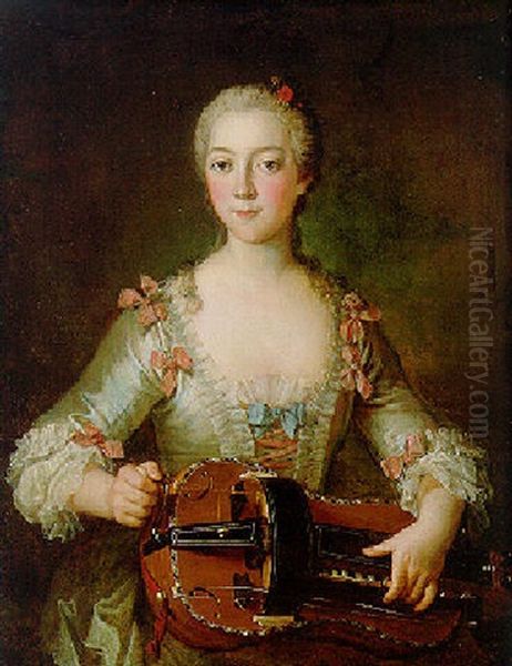 Portrait Of A Lady, Half-length, Playing A Hurdy Gurdy by Donat Nonotte