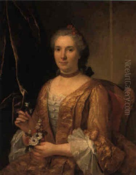 Portrait Of A Lady Beside A Curtain Holding A Posy Of Flowers Oil Painting by Donat Nonotte