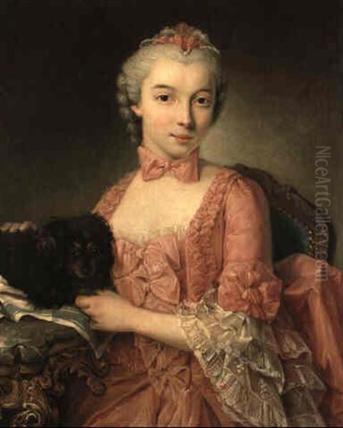 Portrait Of A Young Noblewoman With Her Pet Dog On A Table Beside Her Oil Painting by Donat Nonotte