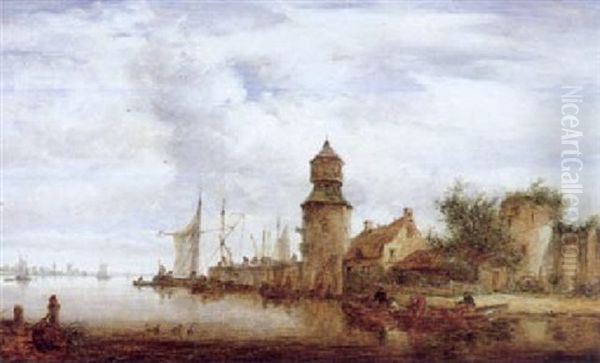 Dorf Mit Einem Turm An Einem Flus Und Booten Oil Painting by Cornelis van Noorde