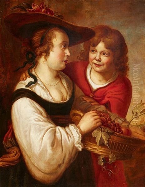 A Young Couple With A Basket Of Fruit Oil Painting by Jan van Noordt