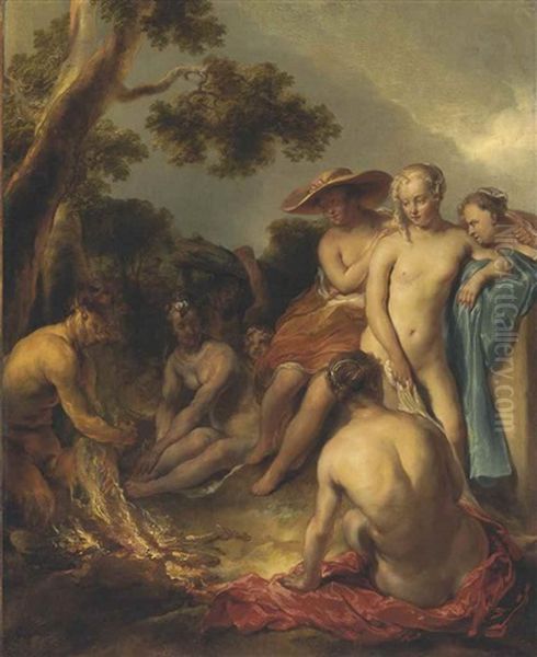 Nymphs And A Satyr Oil Painting by Jan van Noordt