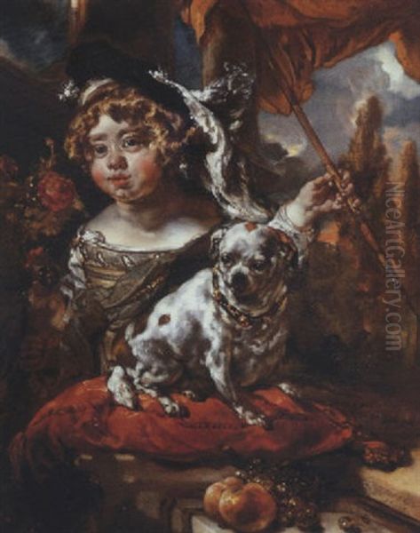 Portrait Of A Boy With A Falcon, Holding A Spear, His Pet Dog Seated On A Cushion Before Him Oil Painting by Jan van Noordt