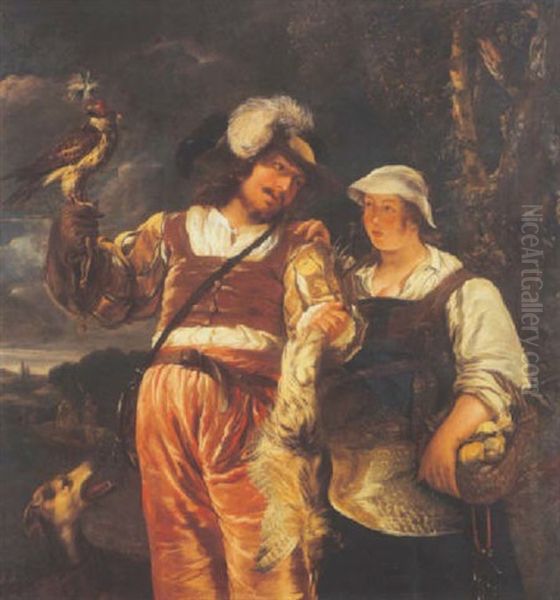 Un Fauconnier Et Sa Femme De Retour De La Chasse Oil Painting by Jan van Noordt