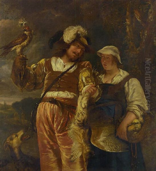 A Falconer And His Wife With A Hawk, Dog And A Dead Bittern Oil Painting by Jan van Noordt