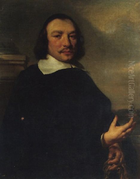 Portrait Of A Gentleman, Holding Gloves, A View Of A Dutch Town Beyond Oil Painting by Jan van Noordt