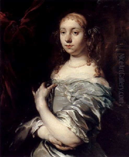 Portrait Of A Lady, Half Length, Wearing Pearls And A Grey Satin Gown With A Blue Shawl, And Ornamental Garden Beyond Oil Painting by Jan van Noordt