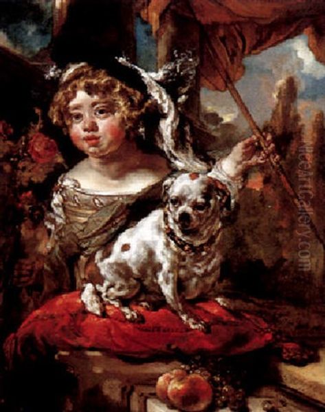 Portrait Of A Boy, Half Length, Wearing A Plumed Hat, Holding A Falcon And A Spear, His Dog Seated On A Pillow Before Him Oil Painting by Jan van Noordt