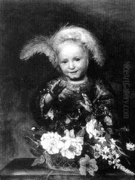 Portrait Of A Child With A Basket Of Flowers by Jan van Noordt