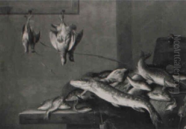 A Still Life Of Fish Arranged On A Table With Game Oil Painting by Jan van Noordt