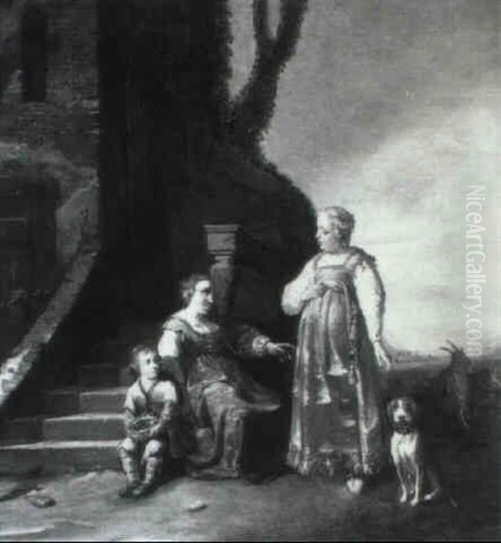 Lady Conversing With A Peasant Woman And Child Seated On Stairs Oil Painting by Jan van Noordt