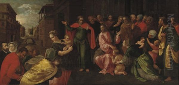 Christ Suffering The Children To Come Unto Him Oil Painting by Adam van Noort the Elder