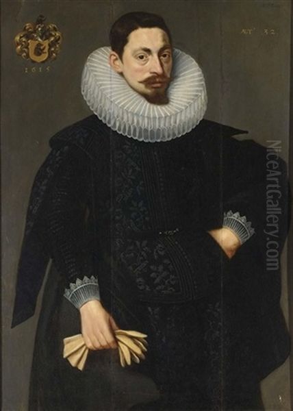 A Portrait Of A Bearded Man Wearing An Elegant Black Suit With White Lace Cuffs Oil Painting by Adam van Noort the Elder