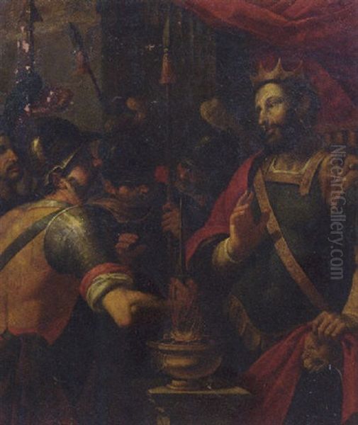 Mucius Scaevola Showing His Intrepidity Before King Porsena Oil Painting by Adam van Noort the Elder