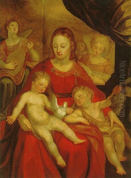 The Virgin And Child Whit The Infant Saint John The Baptist And Angels Making Music Oil Painting by Adam van Noort the Elder