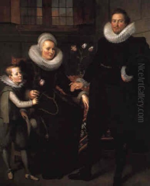 A Group Portrait Of A Family, Full Length, In An Interior Oil Painting by Adam van Noort the Elder