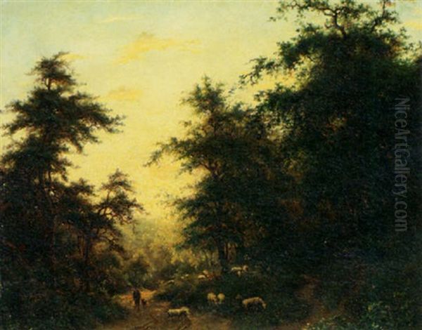 Shepherd With His Flock Oil Painting by Gijsberus Nonus Op Ten Noort