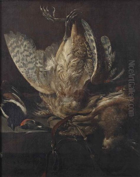 A Hunting Still Life With A Heron, Magpie, Finch, Hare And A Hunting Bag On A Stone Ledge Oil Painting by Pieter Van Noort