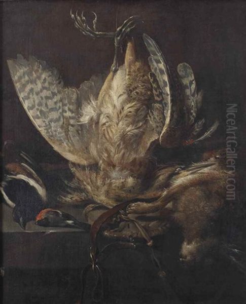 A Hunting Still Life With A Heron, Magpie, Finch, Hare And A Hunting Bag On A Stone Ledge Oil Painting by Pieter Van Noort