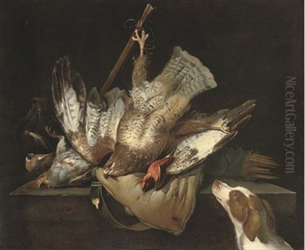 A Hunting Still Life With A Falcon, A Partridge, A Kingfisher, A Game Bag On A Ledge And A Spaniel Oil Painting by Pieter Van Noort